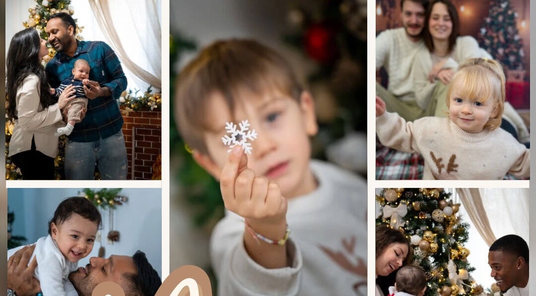 Famiglia celebra Natale a Sorelle Kreative, Bologna, Emilia-romagna, IT, con decorazioni natalizie.