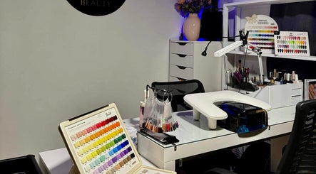 See More Beauty nail design station in Marcoola, Queensland, AU, featuring polish samples and manicure tools.