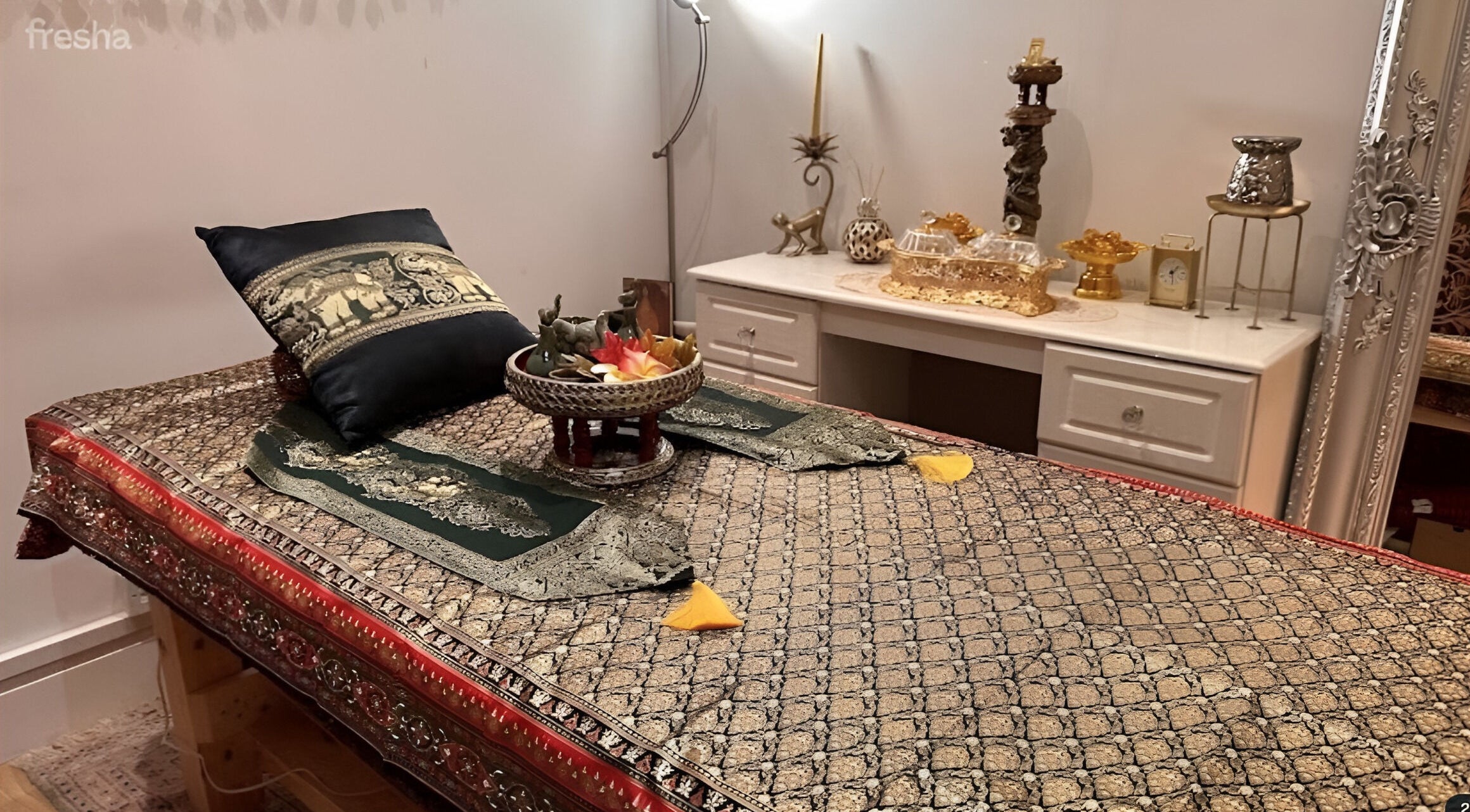 Serene massage room at Blue Diamond Thai Massage in Glasgow, Scotland, GB, featuring elegant Thai decor.