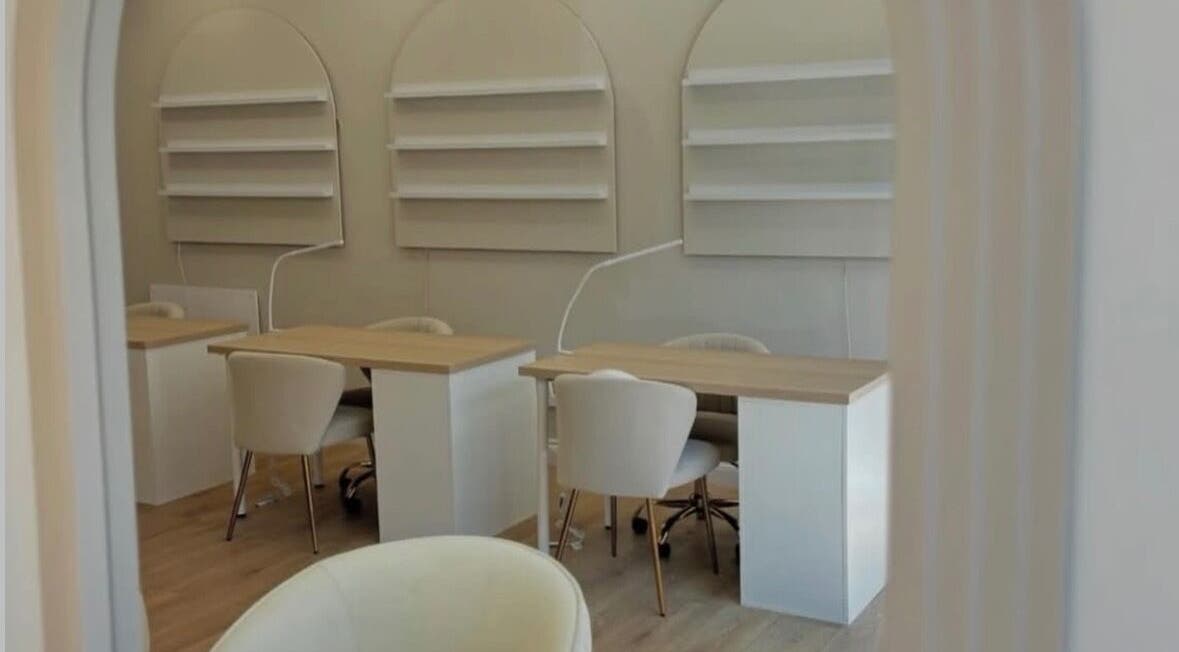 Elegant manicure stations at Ohthatsalon in Tyldesley, England, GB, featuring modern, minimalist design.
