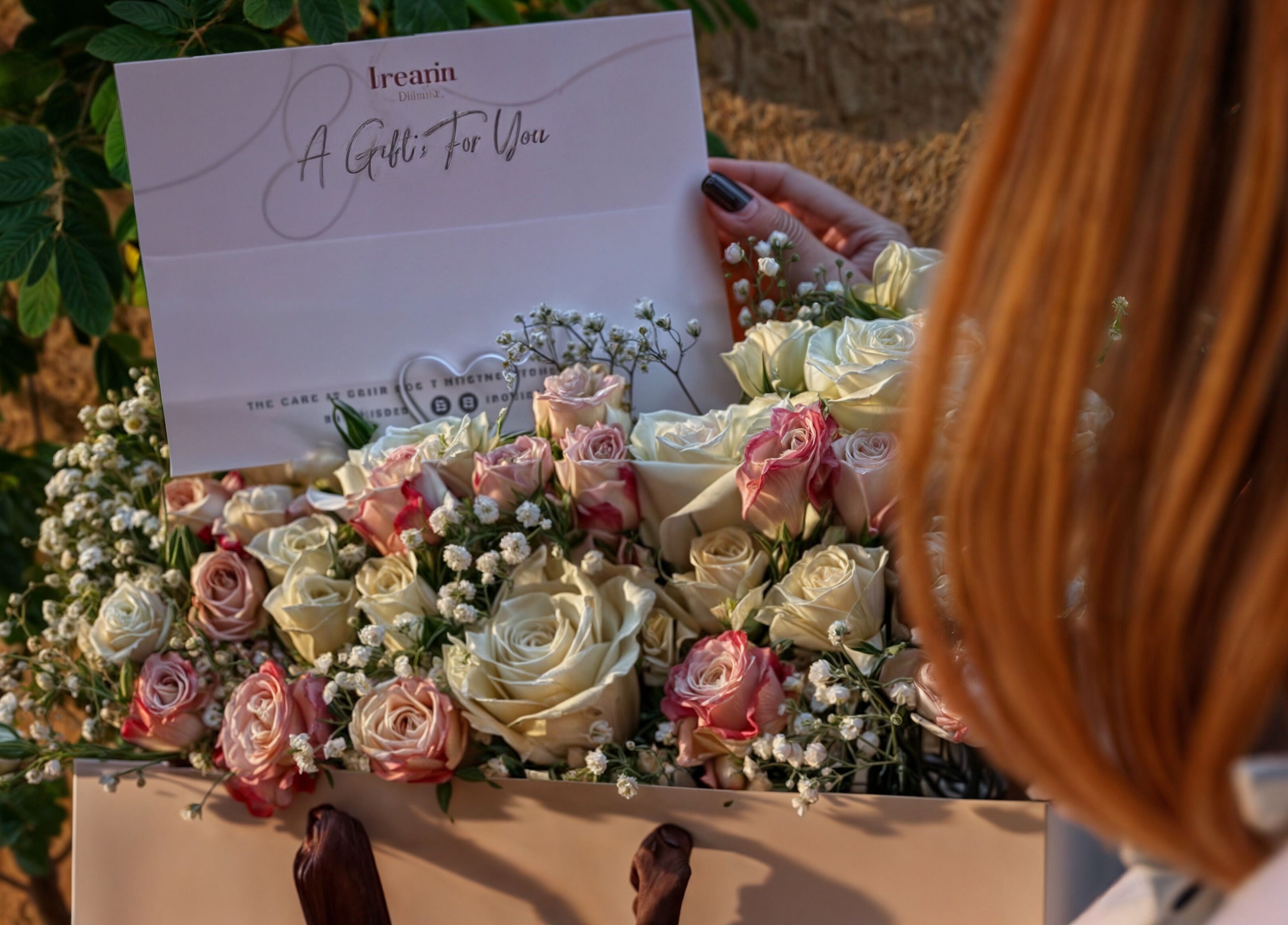 A bouquet of roses and card from Iremia Home Spa I إريميا هوم سبا, home service in Riyadh Province, SA.