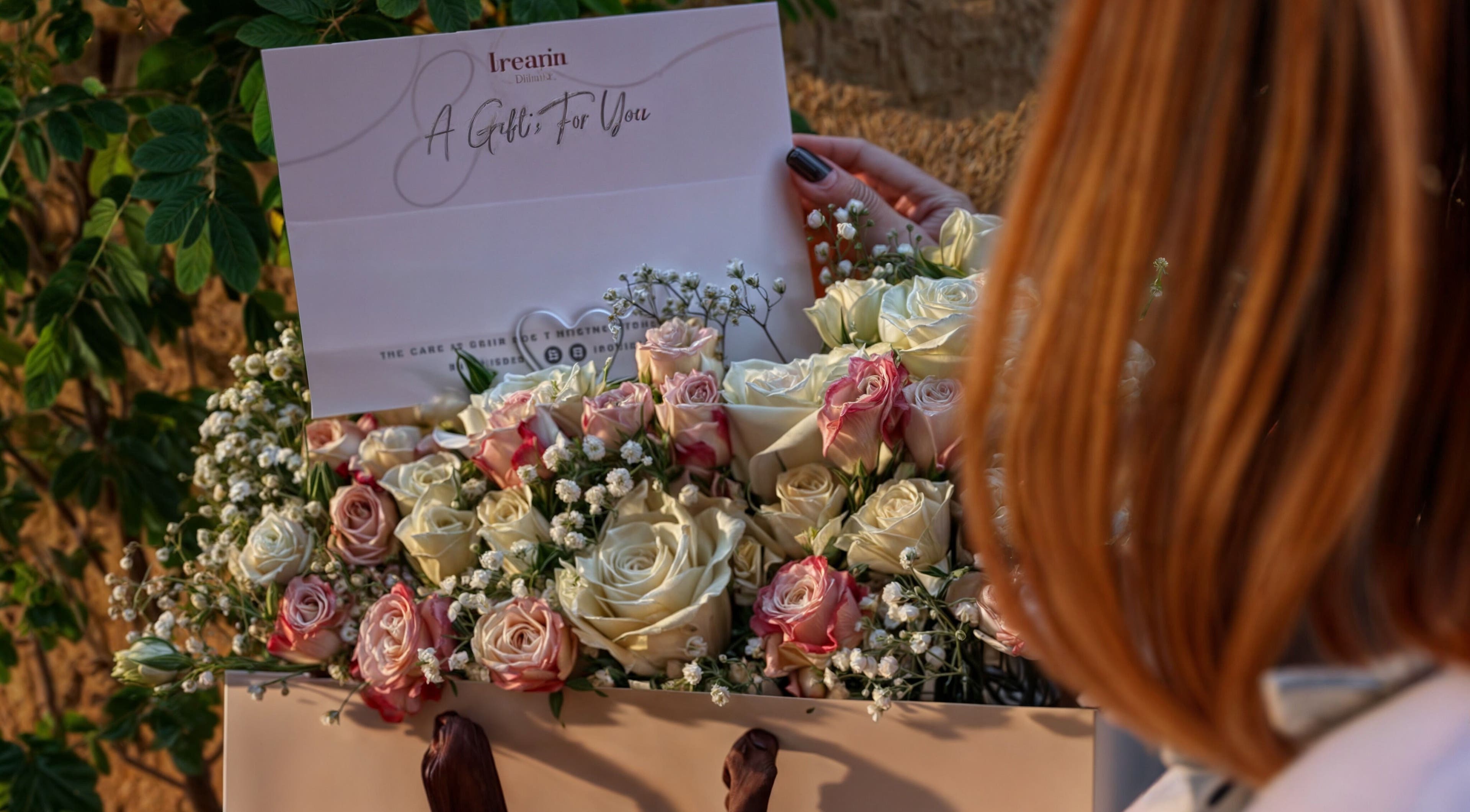 A bouquet of roses and card from Iremia Home Spa I إريميا هوم سبا, home service in Riyadh Province, SA.