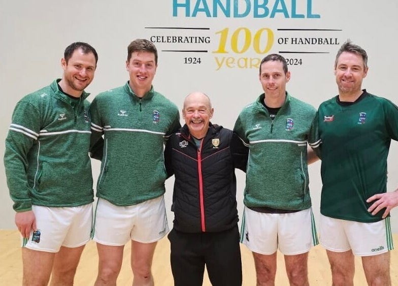Team at Saval Handball in Newry, Northern Ireland, GB celebrating the 100-year handball anniversary.