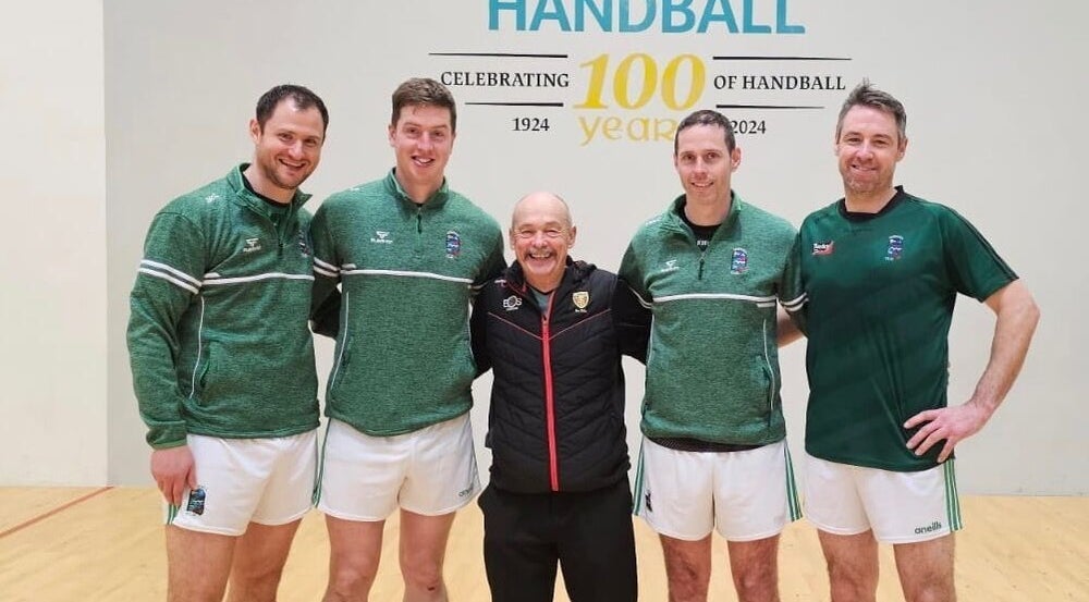Team at Saval Handball in Newry, Northern Ireland, GB celebrating the 100-year handball anniversary.