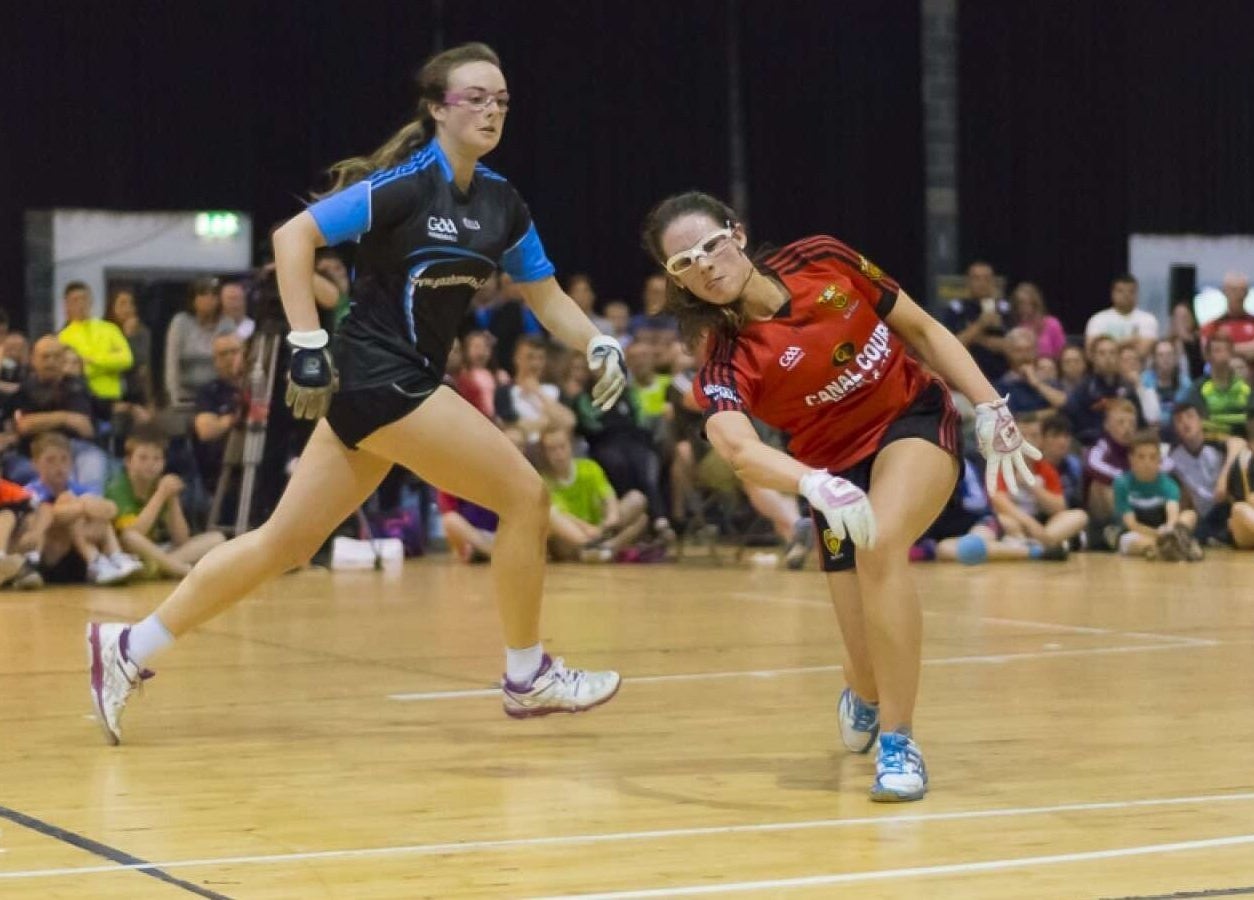Intense handball match at Saval Handball in Newry, Northern Ireland, GB, showcasing players in action.