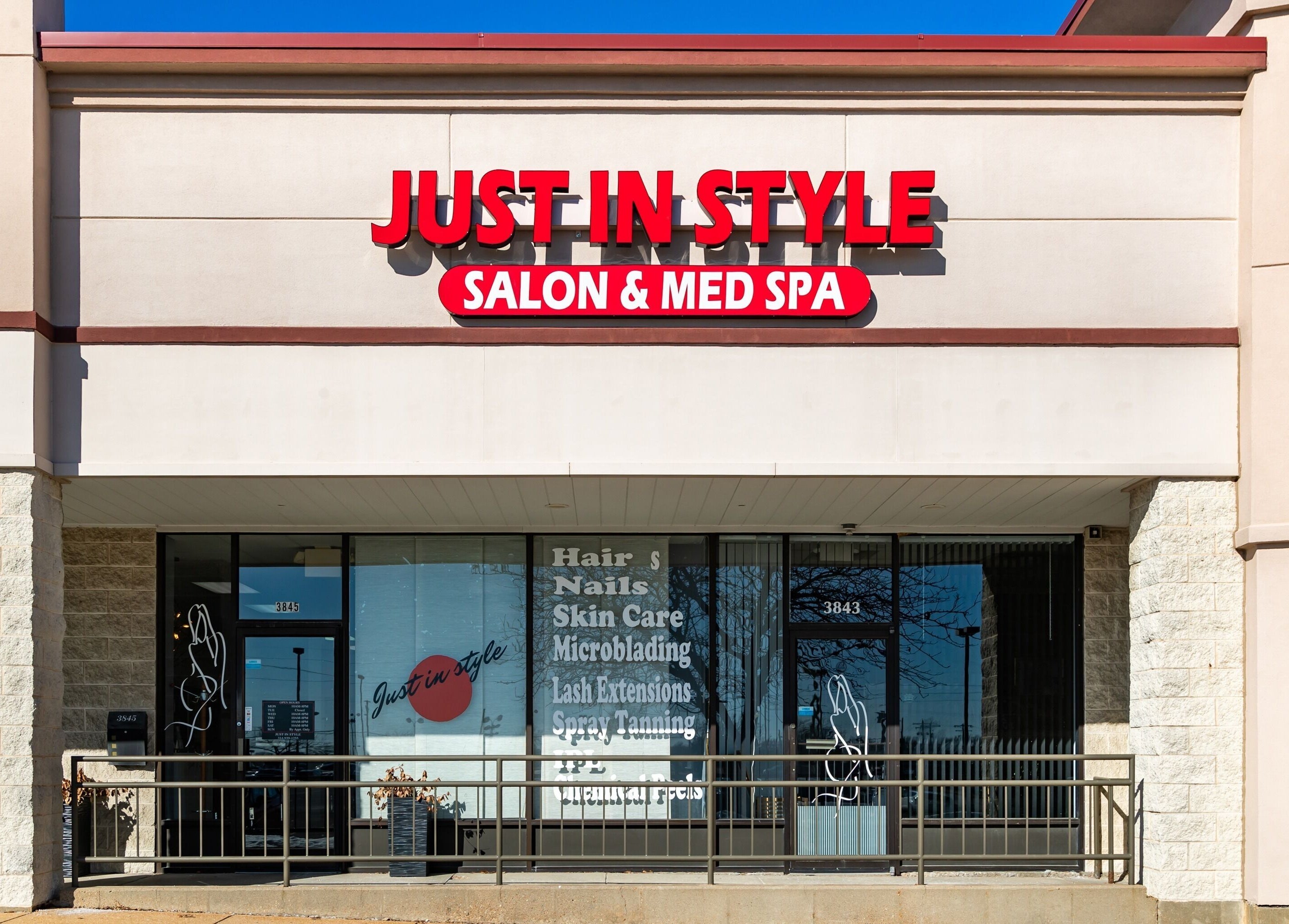 Front view of Just in Style Salon & Med Spa in St. Louis, Missouri, US with bold signage.
