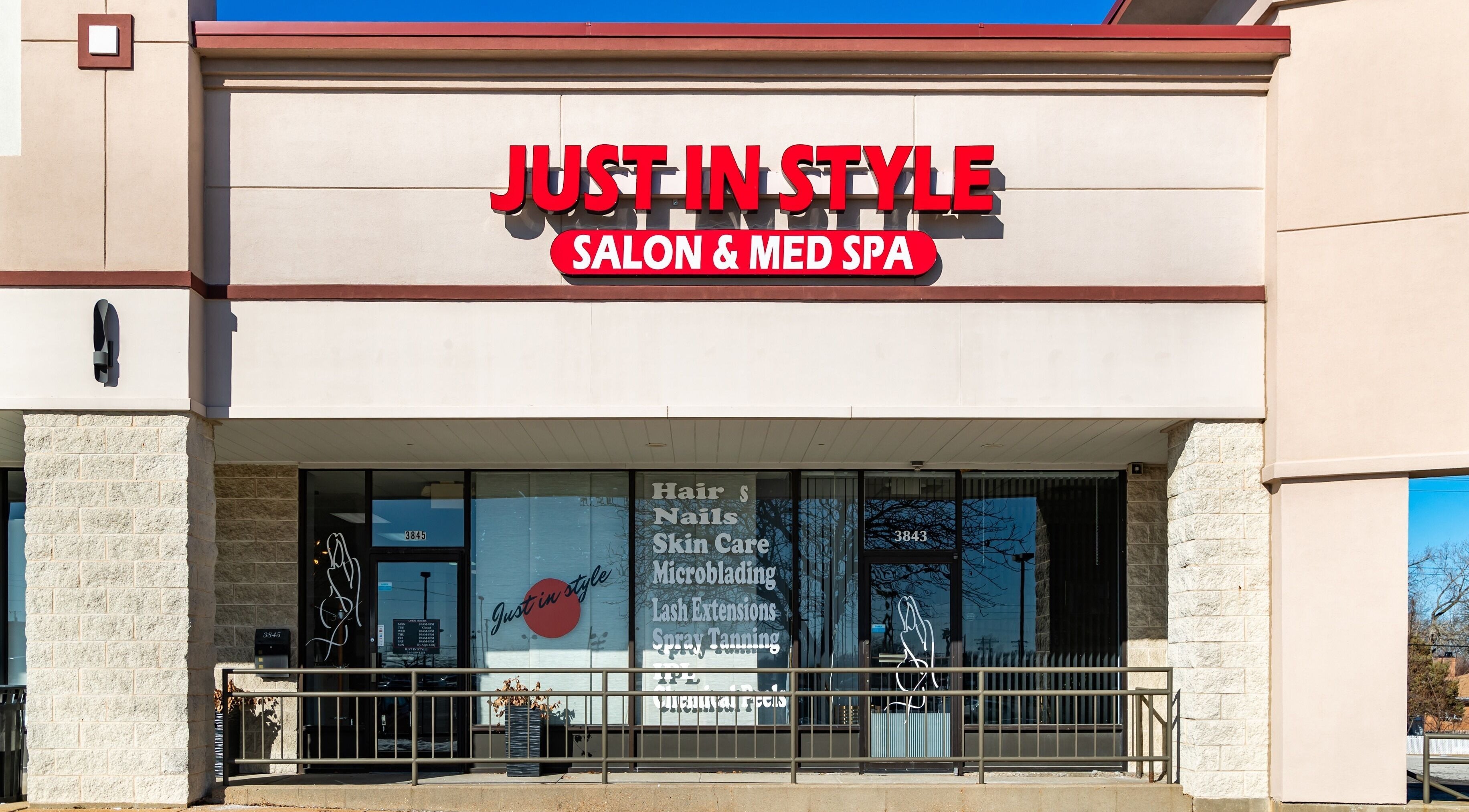 Front view of Just in Style Salon & Med Spa in St. Louis, Missouri, US with bold signage.