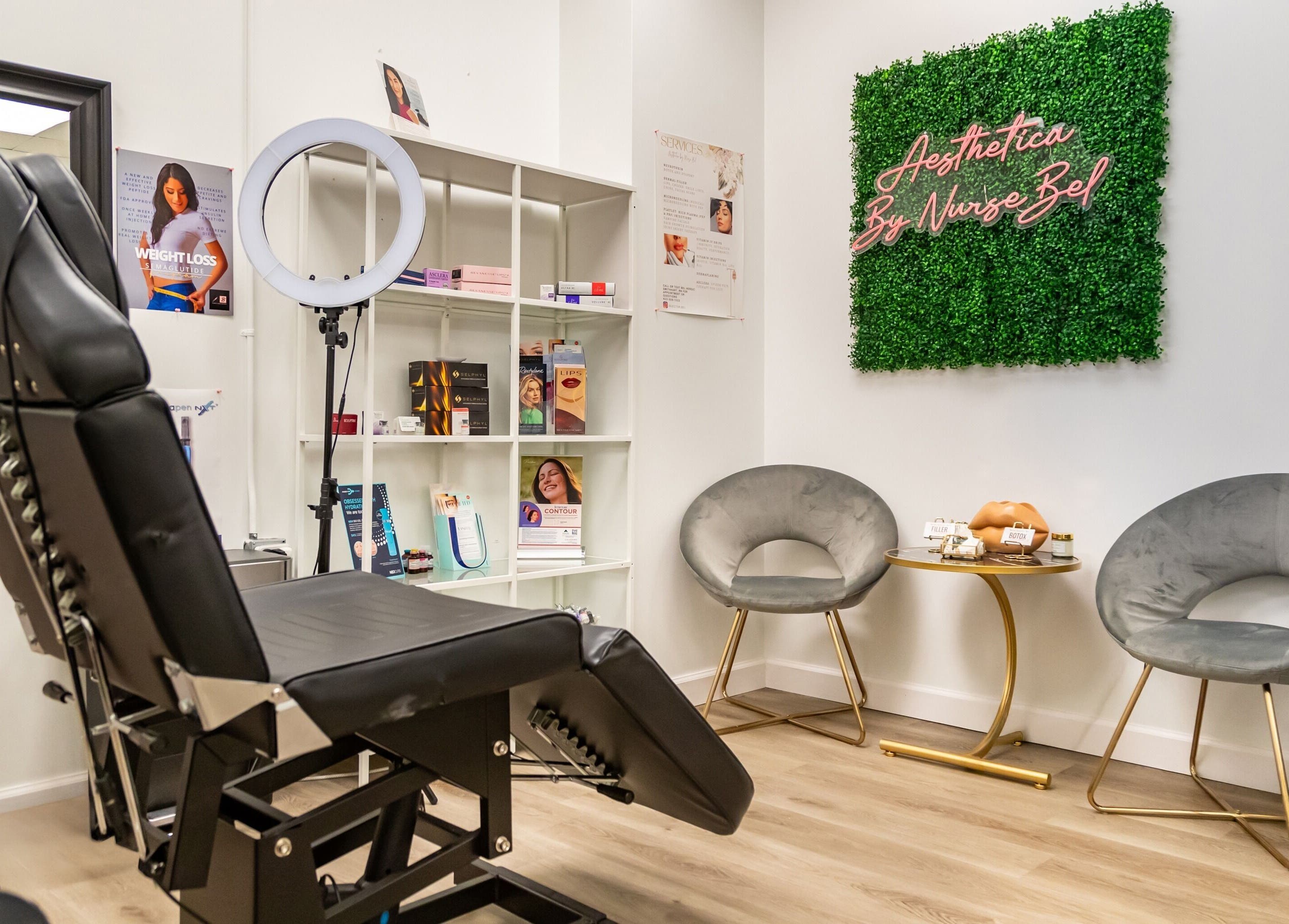 Luxury beauty room at Just in Style, St. Louis, Missouri, US with modern decor and elegant seating.