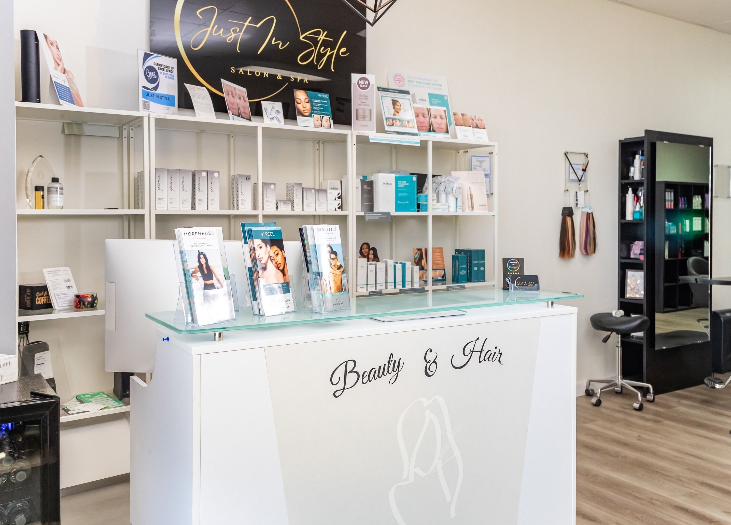 Just in Style beauty salon reception area in St. Louis, Missouri, US showcasing products and stylish decor.