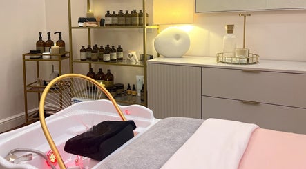 Relaxing treatment room at Me Scalp & Skin Studio, Egham, England, GB, featuring skincare essentials.