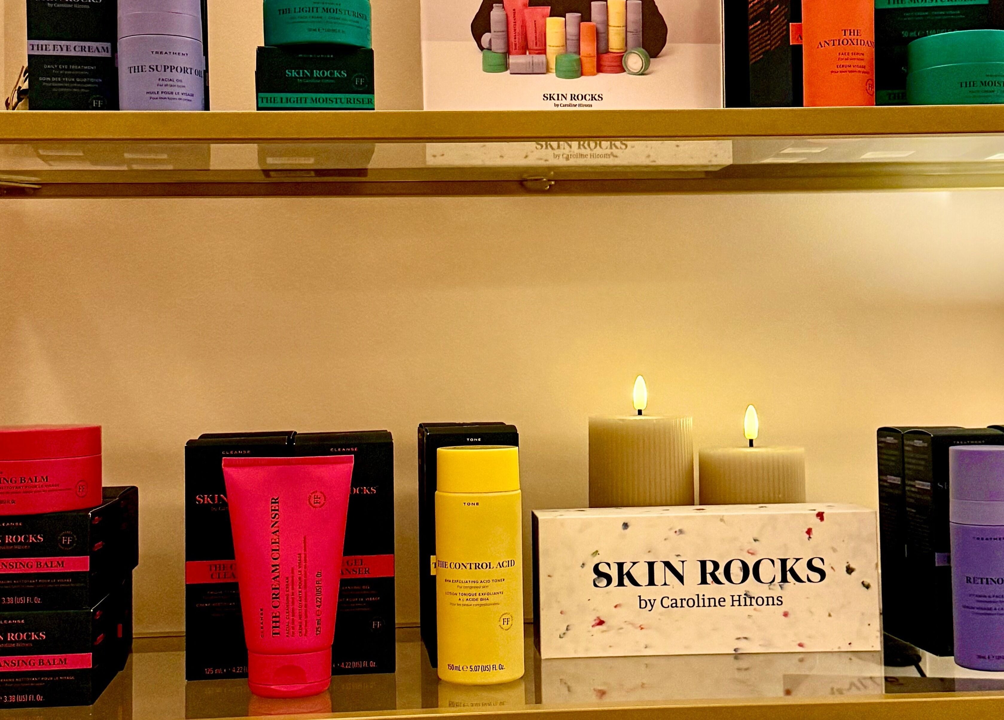 Beauty products on shelf at Me Scalp & Skin Studio, Egham, England, GB, offering a range of skincare solutions.