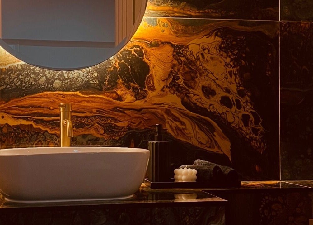 Luxurious sink with marble design at Me Scalp & Skin Studio, Egham, England, GB.