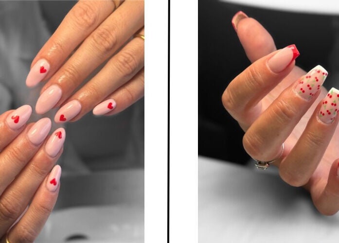 Elegant nail art with heart designs at Chelsea Loren Beauty, Middlewich, England, GB.