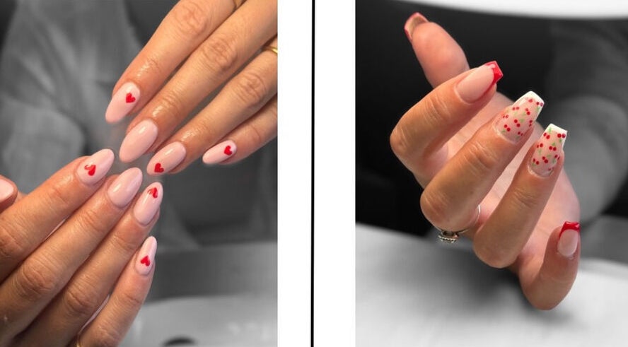 Elegant nail art with heart designs at Chelsea Loren Beauty, Middlewich, England, GB.