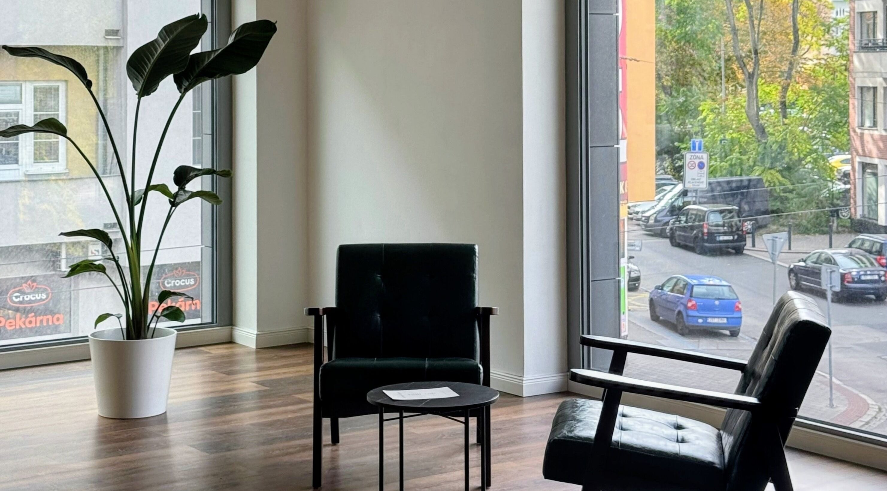 Elegant čekárna ve Noéme, Jihomoravský Kraj, s moderním nábytkem a velkými okny.
