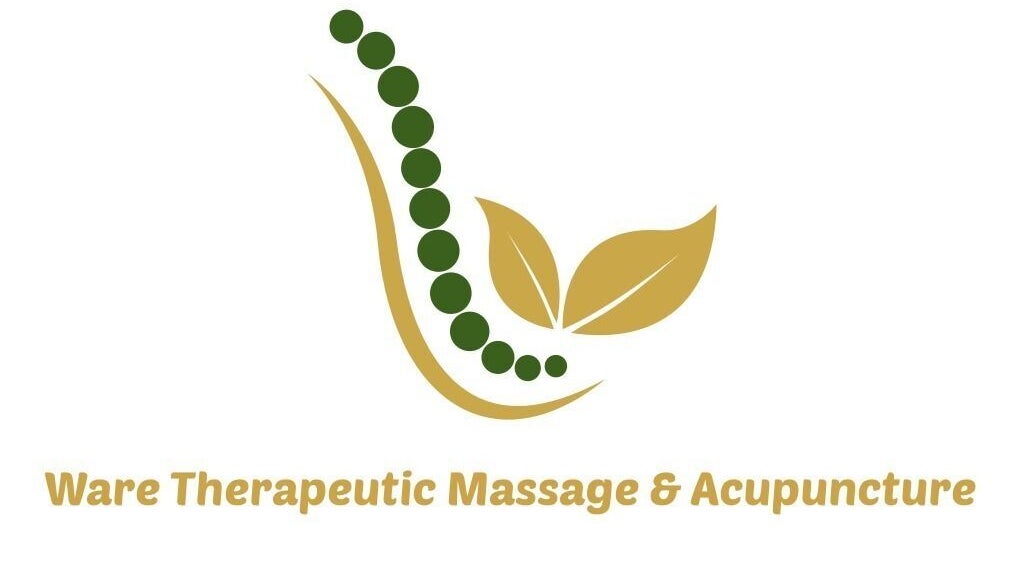 Logo of Ware Therapeutic Massage Acupuncture Windermere in Edmonton, Alberta, CA, featuring green and gold leaves.