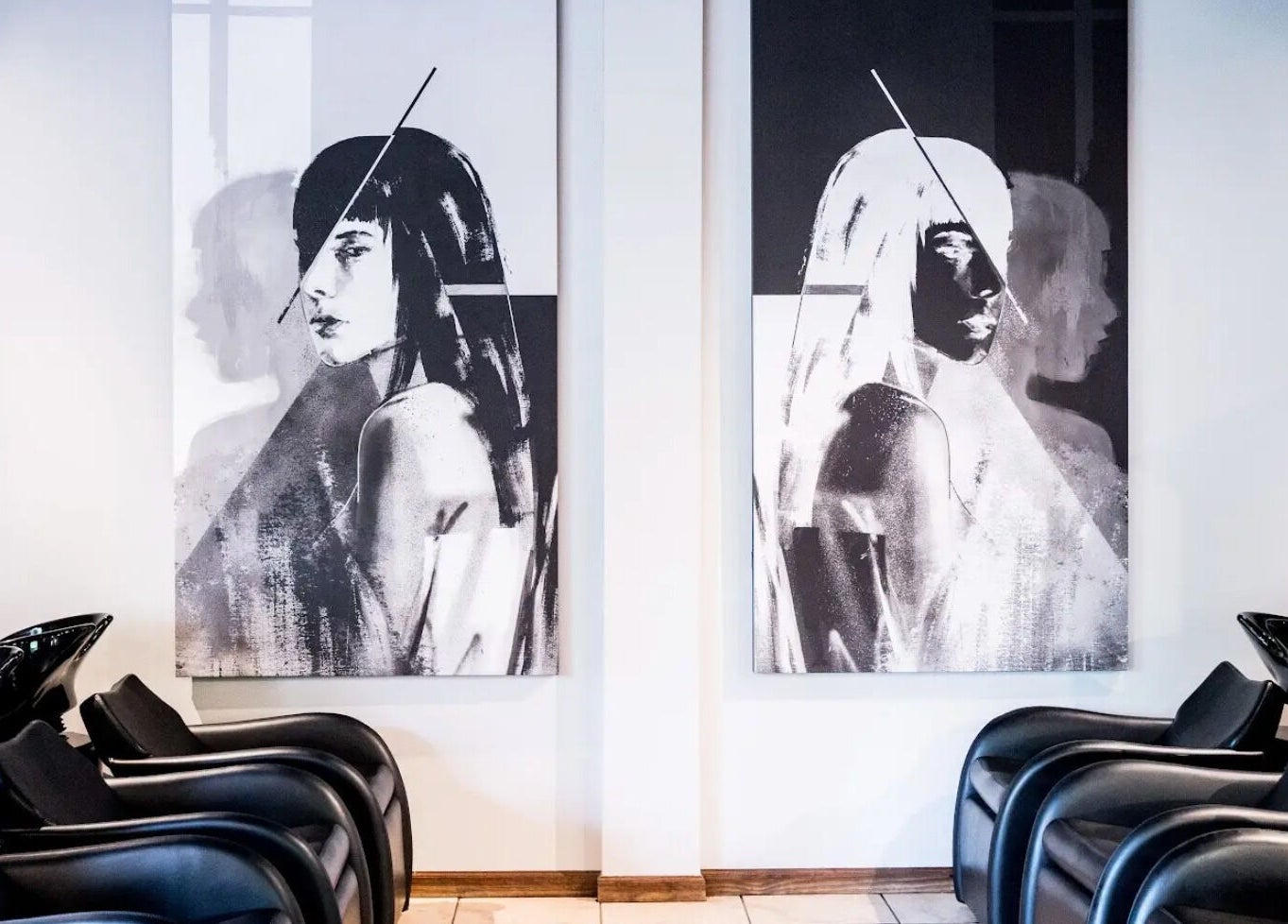 Modern salon interior with art at Francesco and Giovanni Salon in Eagleville, Pennsylvania, US.