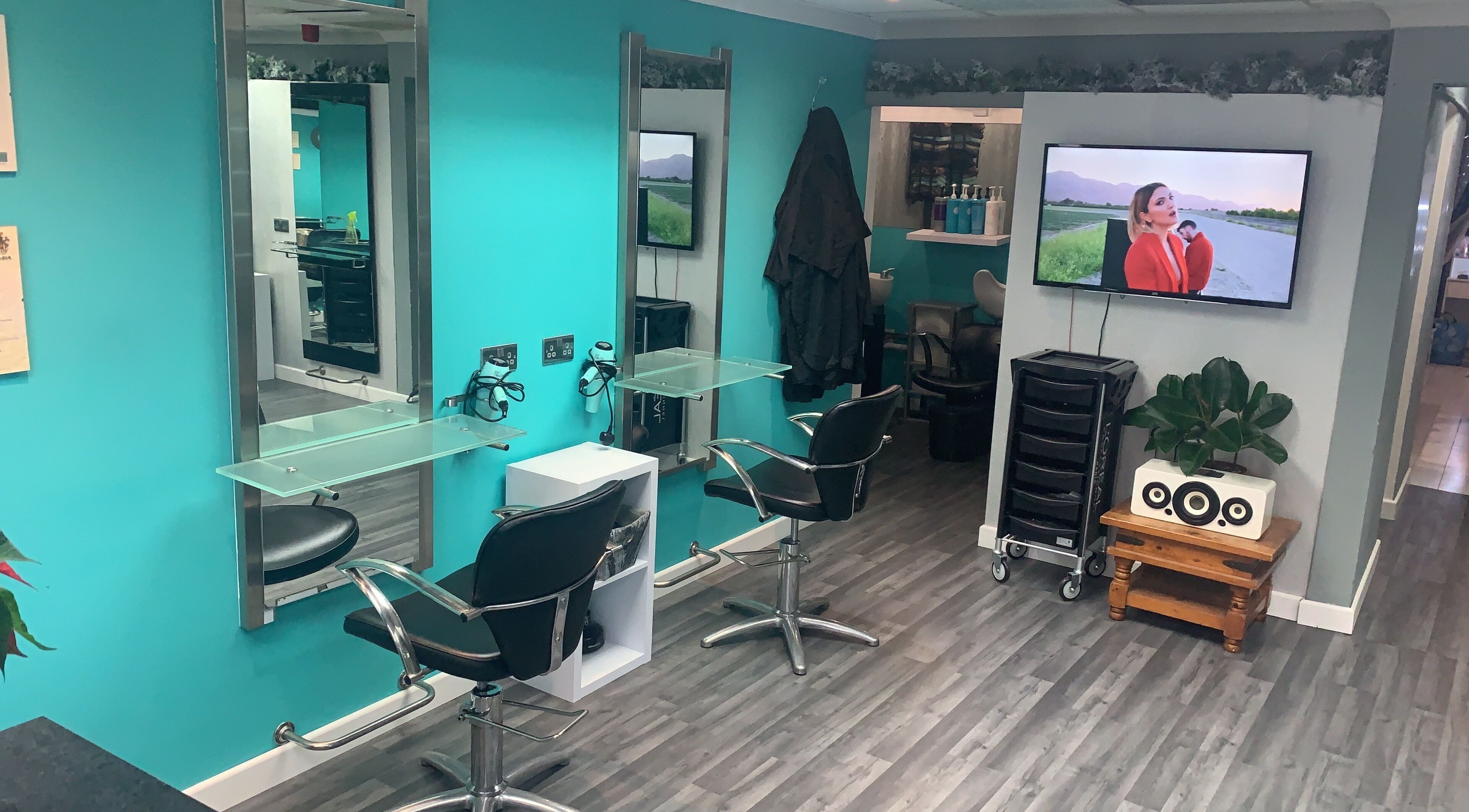Modern salon at La'torias at Carmarthen, featuring stylish hair styling stations in Carmarthen, Wales, GB.