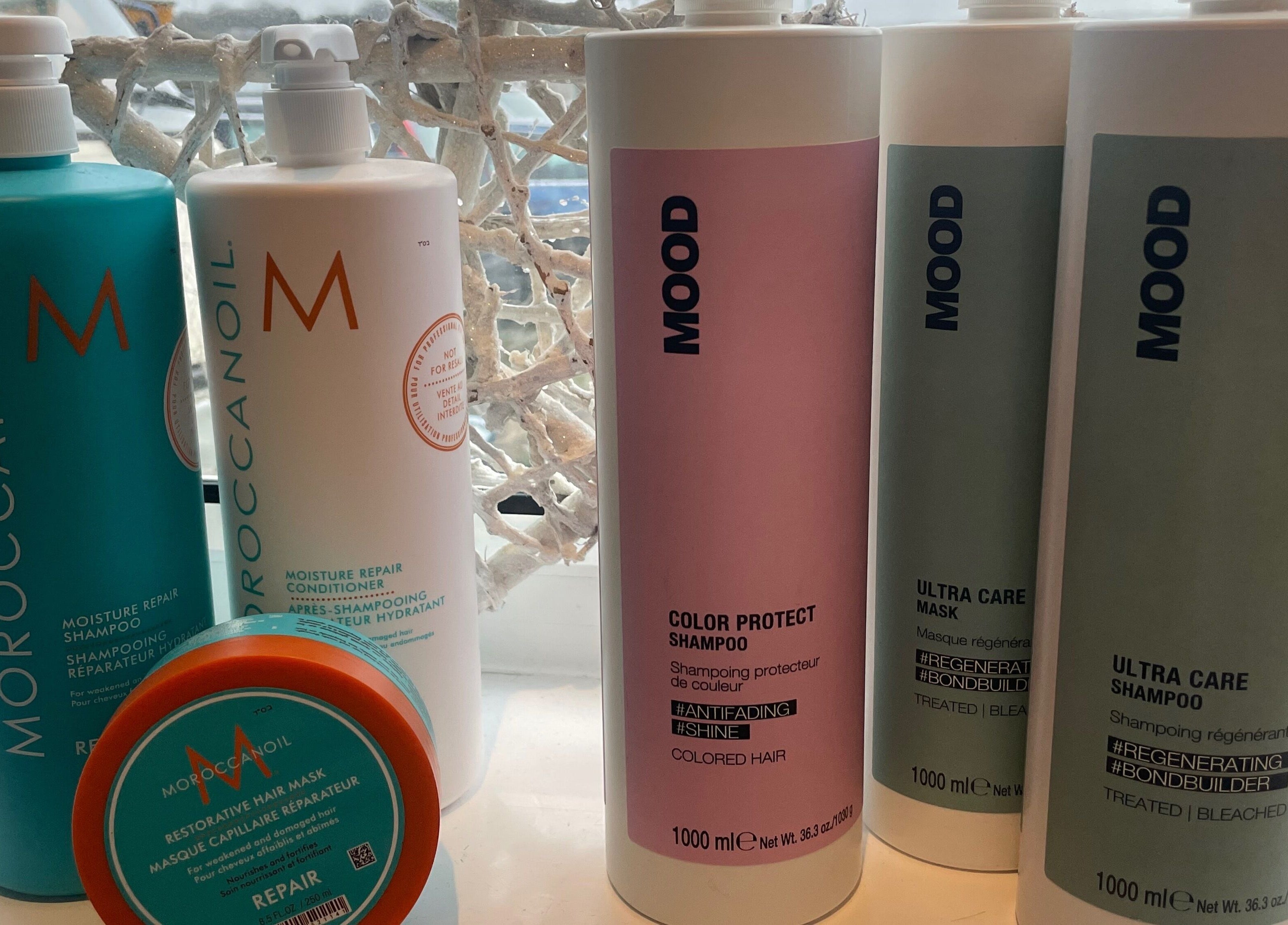 A collection of hair care products displayed at La’torias at Kidwelly, Kidwelly, Wales, GB.