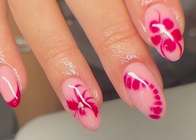 Stylish pink and red nail art at Empire Beauty, Liverpool, England, GB.