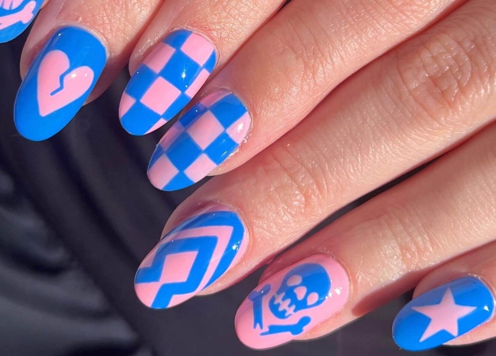 Creative pink and blue nail art at Miss Betty Rose, Forest Lodge, New South Wales, AU.