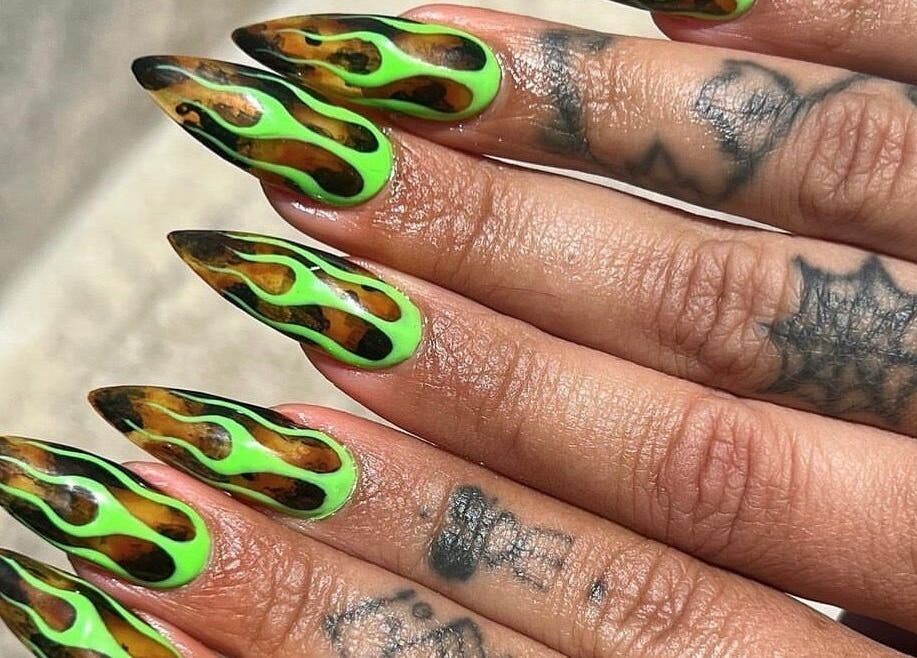 Stylish flame nail art by Miss Betty Rose at Forest Lodge, New South Wales, AU.