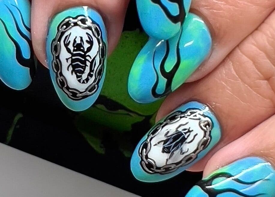 Artistic scorpion nail design at Miss Betty Rose, Forest Lodge, New South Wales, AU.