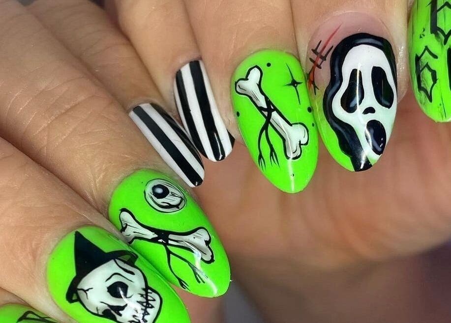 Vibrant neon green Halloween-themed nail art by Miss Betty Rose, Forest Lodge, New South Wales, AU.