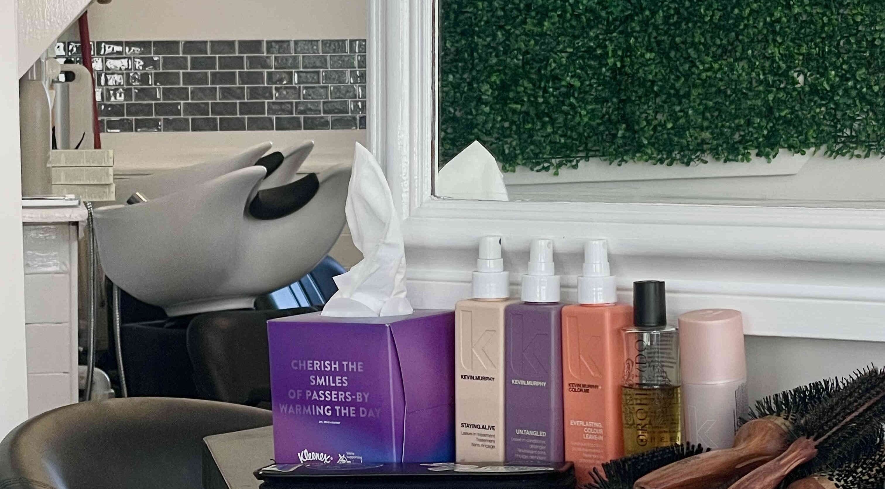 Elegant salon counter at Hair & Makeup by Galyna Shchyrba, Plymouth, England, GB with haircare products.