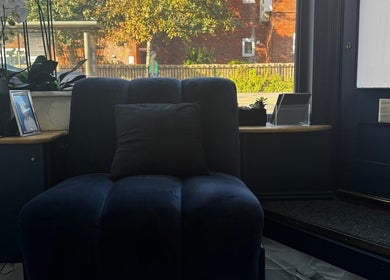 Plush chair in reception of Annayah Aesthetics (Kemptown), Brighton And Hove, England, GB.