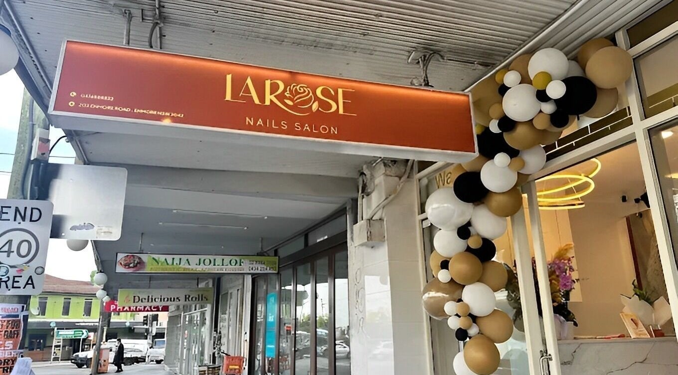 Entrance of Larose Nails Enmore, adorned with balloons in Enmore, New South Wales, AU.
