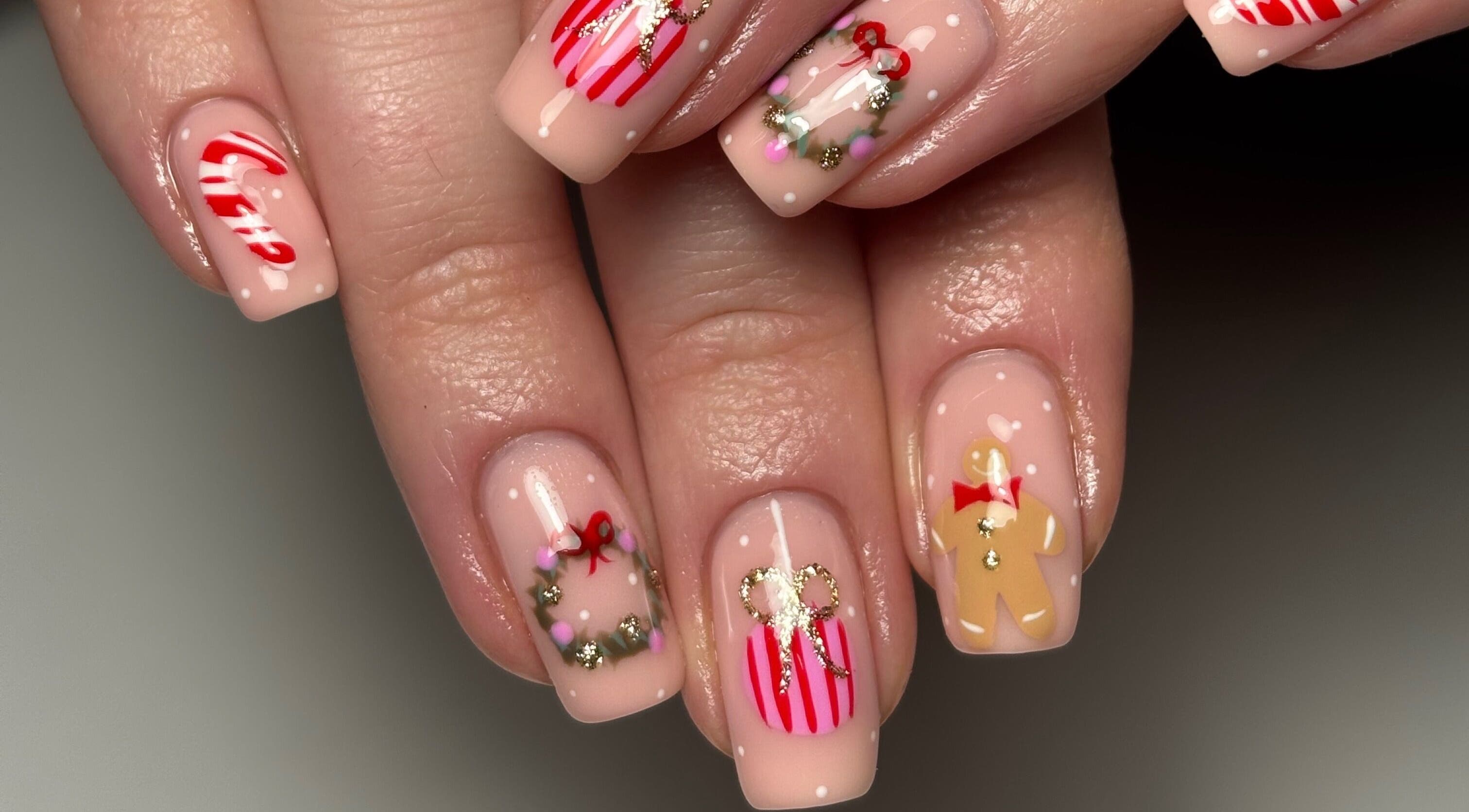 Festive nail art with holiday designs at Rogue Beauty, Hartlepool, England, GB.