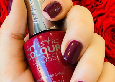 Elegant maroon nails with Artistic Colour Gloss polish at N.SPA Mobile Beauty, London, England, GB.