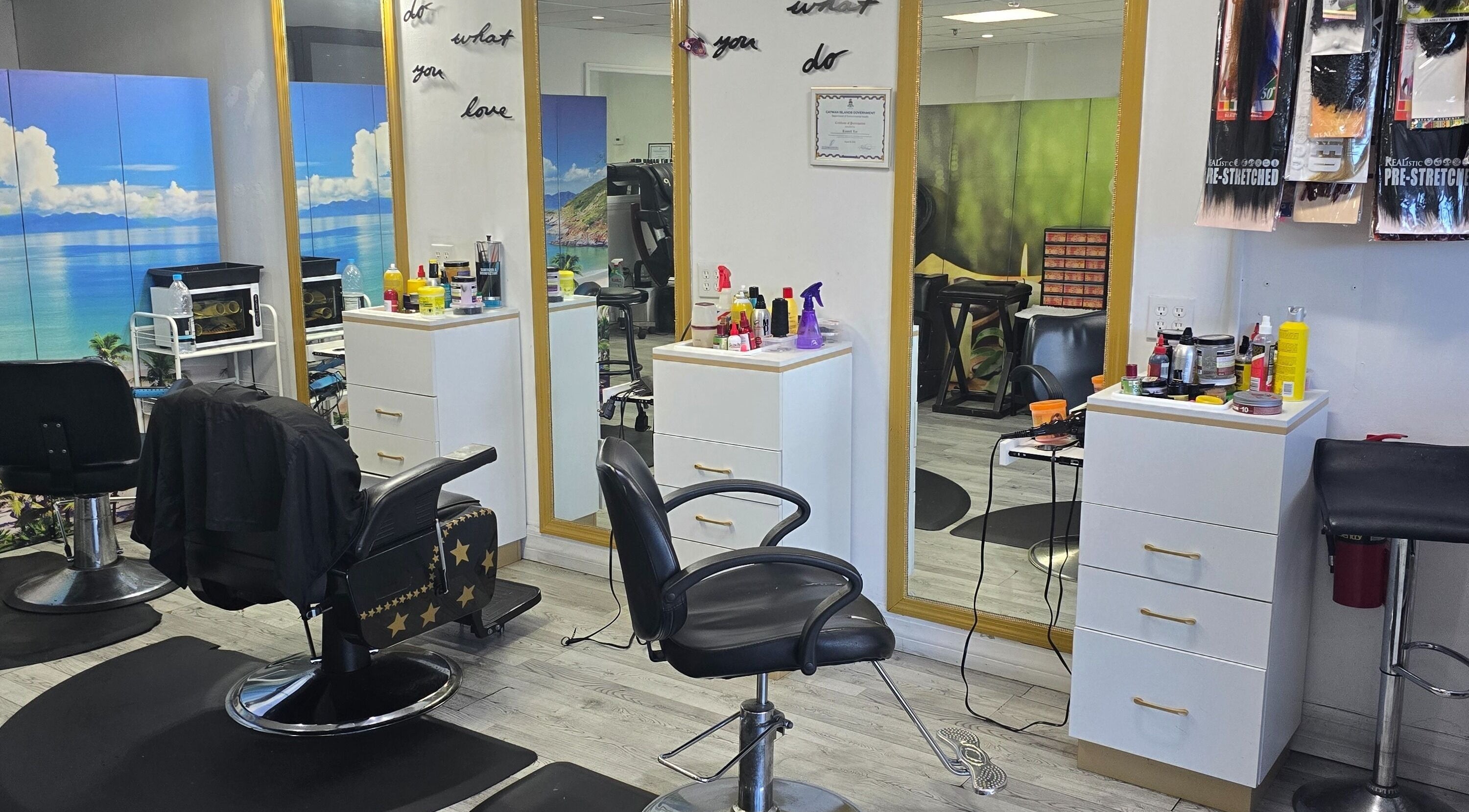 Interior of Sherifa Nails in George Town, George Town, KY. Bright mirrors, styling chairs, and a serene ambiance.