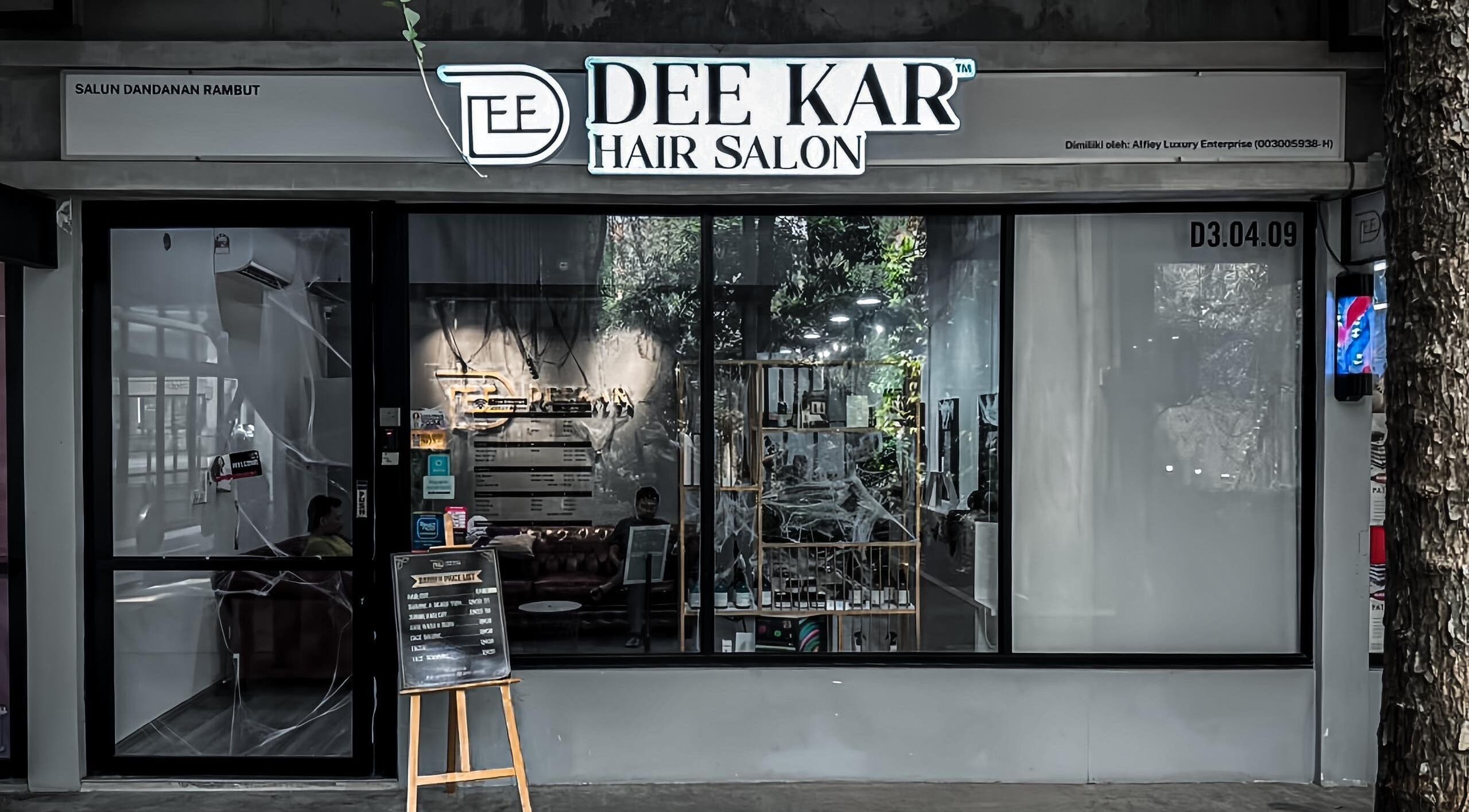 Modern facade of Dee Kar Hair Salon, Cyberjaya, Selangor, MY showcasing elegant salon aesthetics.