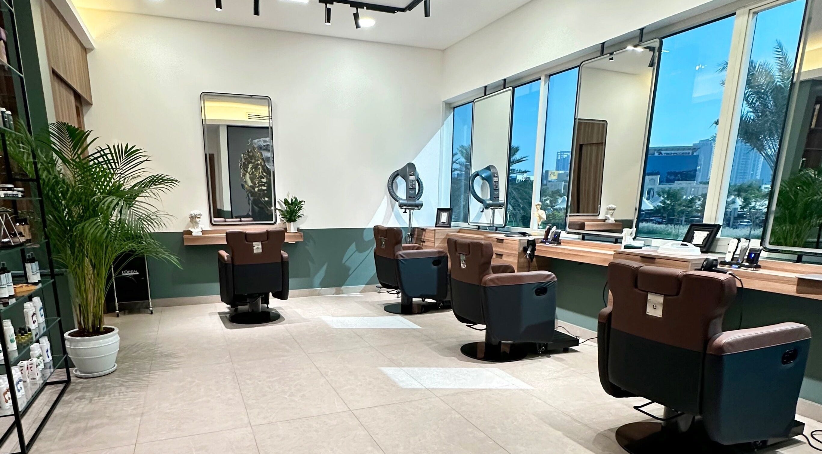 Spacious interior of The Barber Code Gents Salon in Dubai, Dubai, AE, featuring modern salon chairs and mirrors.