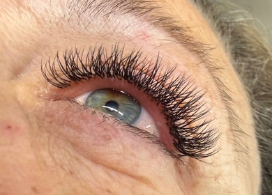 Close-up of eye with extensions at EMC Beauty And Lashes, Poyntzpass, Northern Ireland, GB.