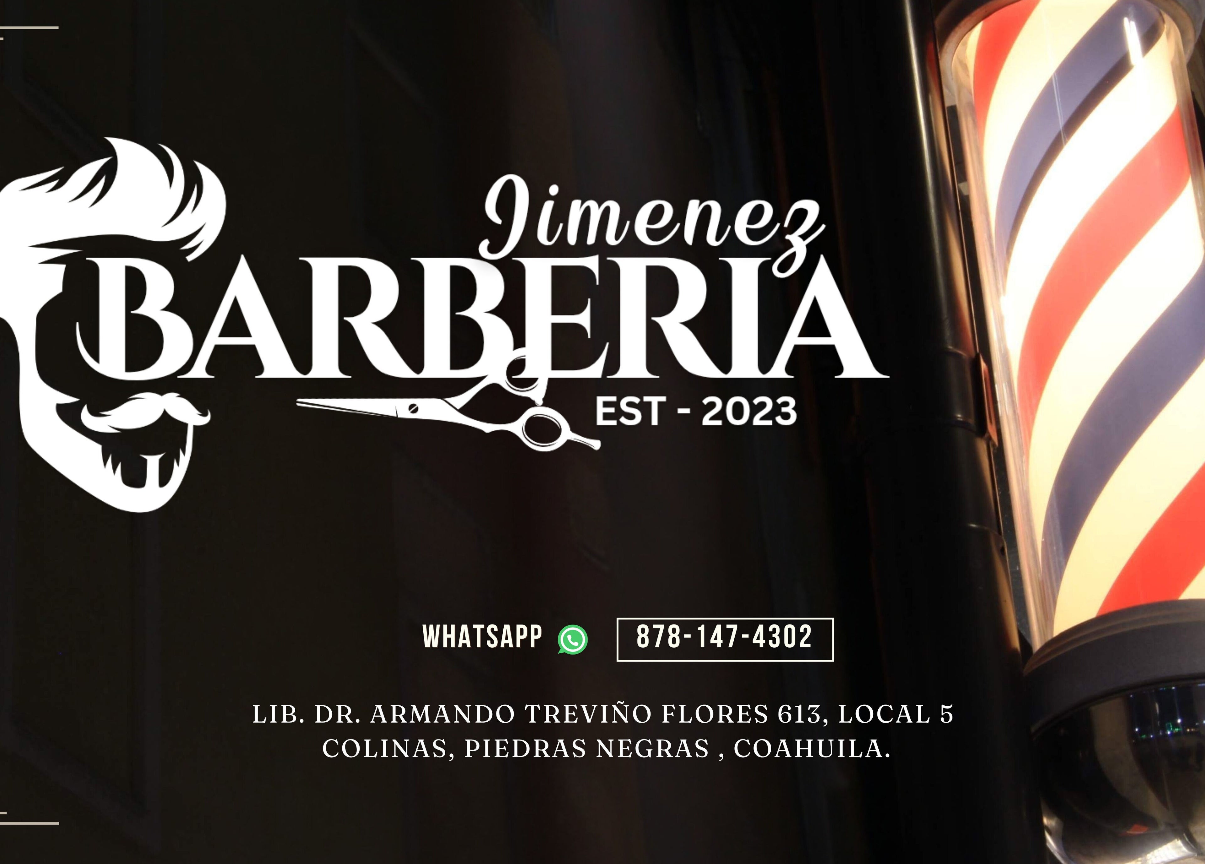 Letrero de Barbería JMZ en Piedras Negras, Coahuila De Zaragoza, MX con poste de barbería clásico.
