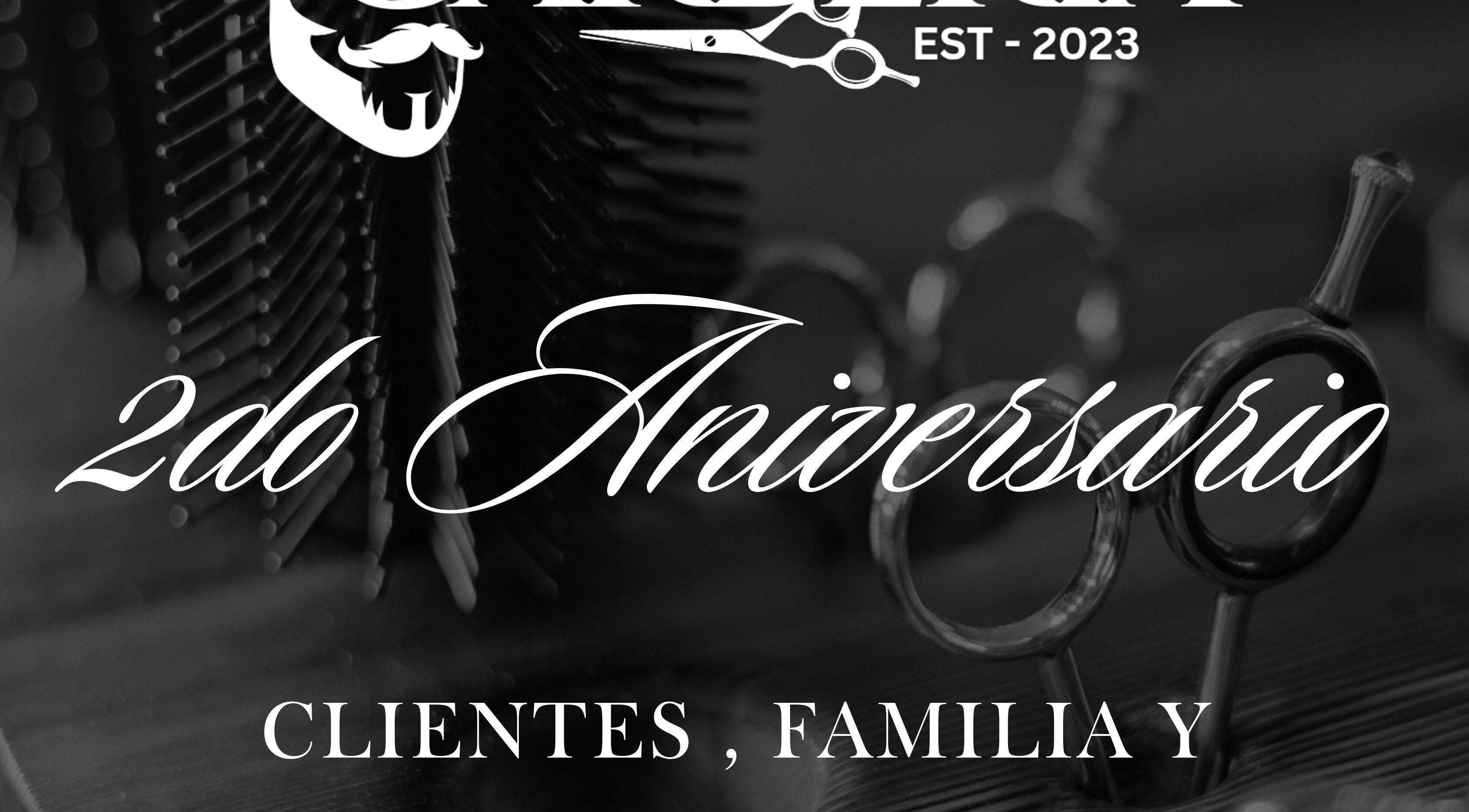 Celebración del 2do aniversario de Barbería JMZ en Piedras Negras, Coahuila De Zaragoza, MX con utensilios de barbero.