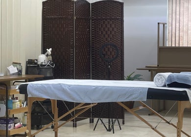 Therapy room at AzureRae, Bridgetown, Saint Michael, BB with a massage table and wellness tools.