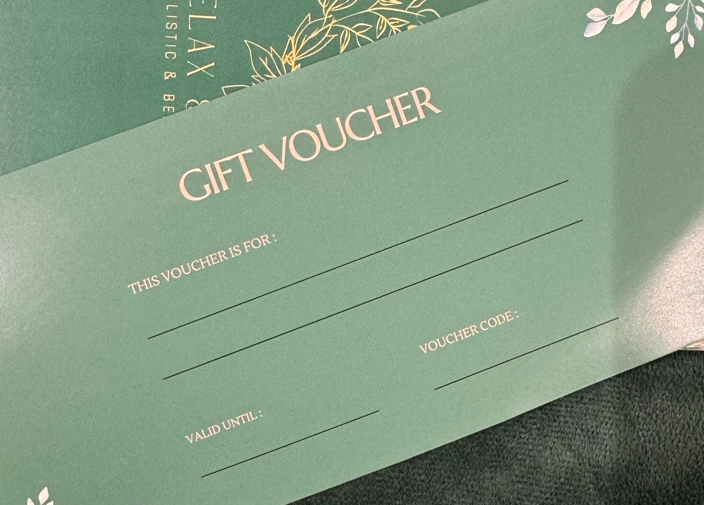 Relax & Rewind gift voucher in Willesborough, England, GB, featuring elegant green design.