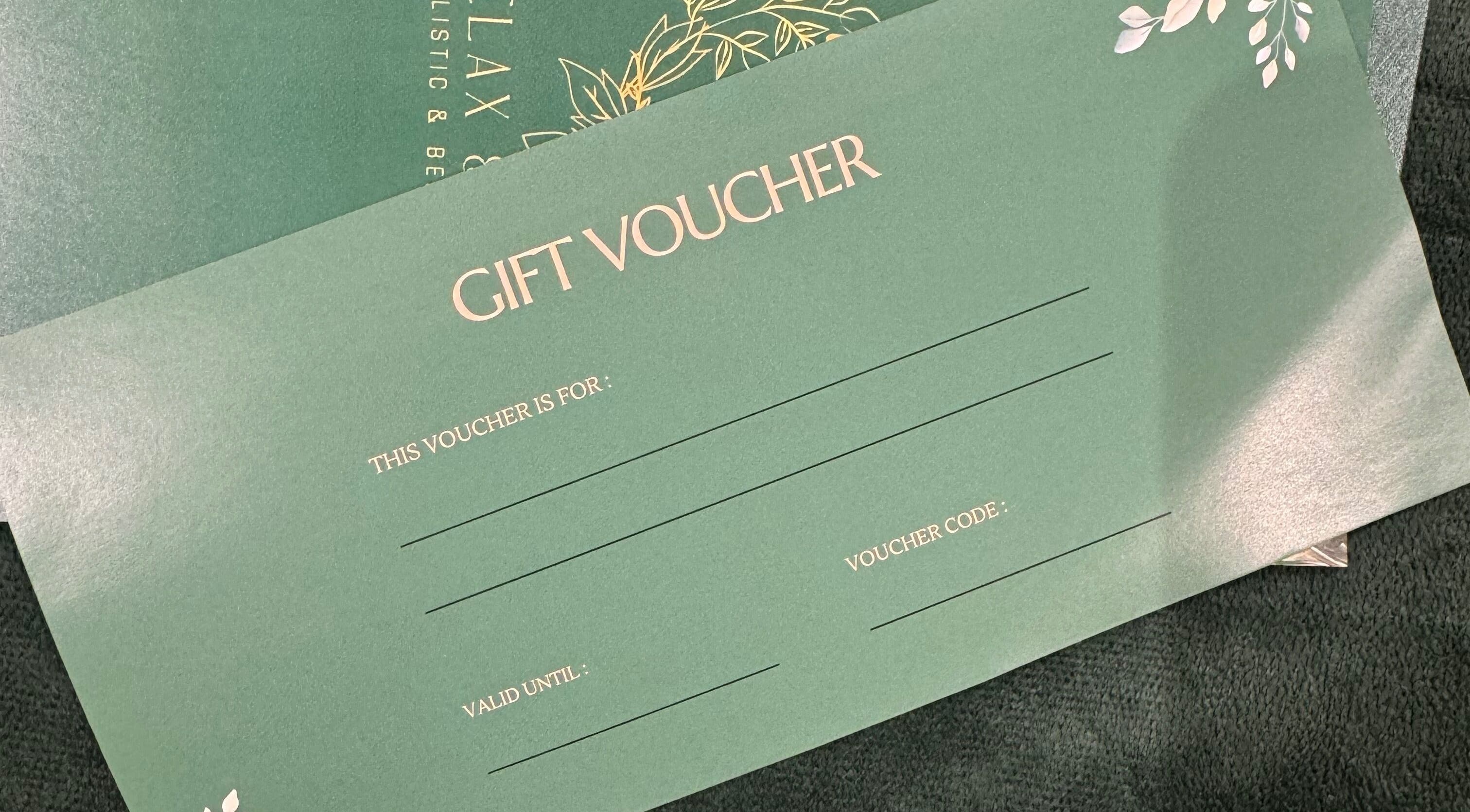 Relax & Rewind gift voucher in Willesborough, England, GB, featuring elegant green design.