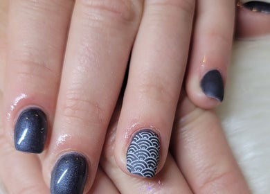 Elegant dark nails with wave design at Enchanted Nails, Kelowna, British Columbia, CA.