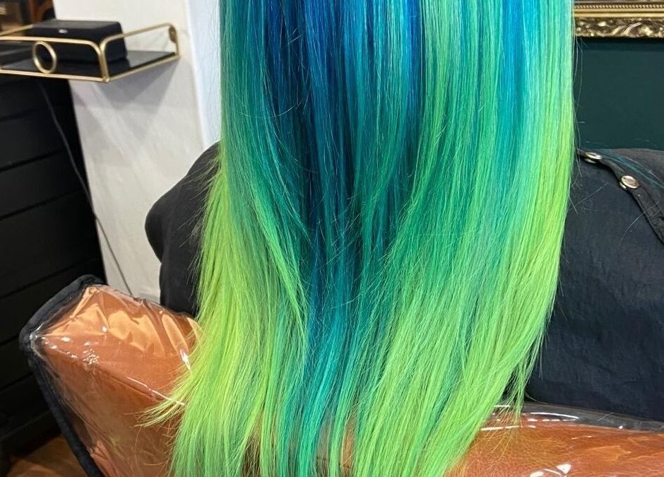 Bold blue and green hair design at Gilded Gold Design House, Carlisle, England, GB.