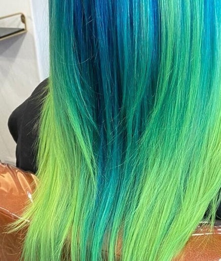 Bold blue and green hair design at Gilded Gold Design House, Carlisle, England, GB.