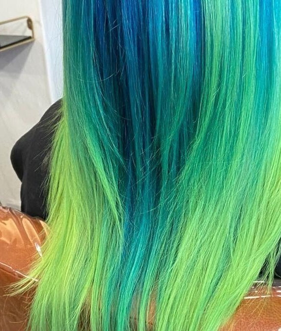 Bold blue and green hair design at Gilded Gold Design House, Carlisle, England, GB.