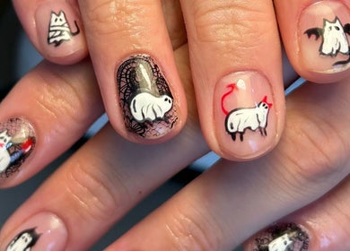 Spooky ghost nail art at By Paige in Urmston, England, GB. Perfect for seasonal flair.