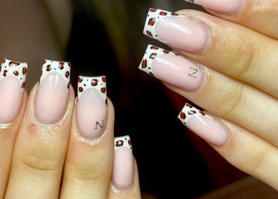 Leopard print French manicure at The Nail Lounge, Barnsley, England, GB.