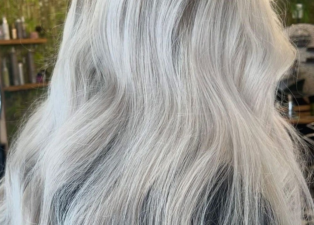 Shimmering silver hair styled at Weronika Studio, Elgin, Scotland, GB, reflecting natural light.