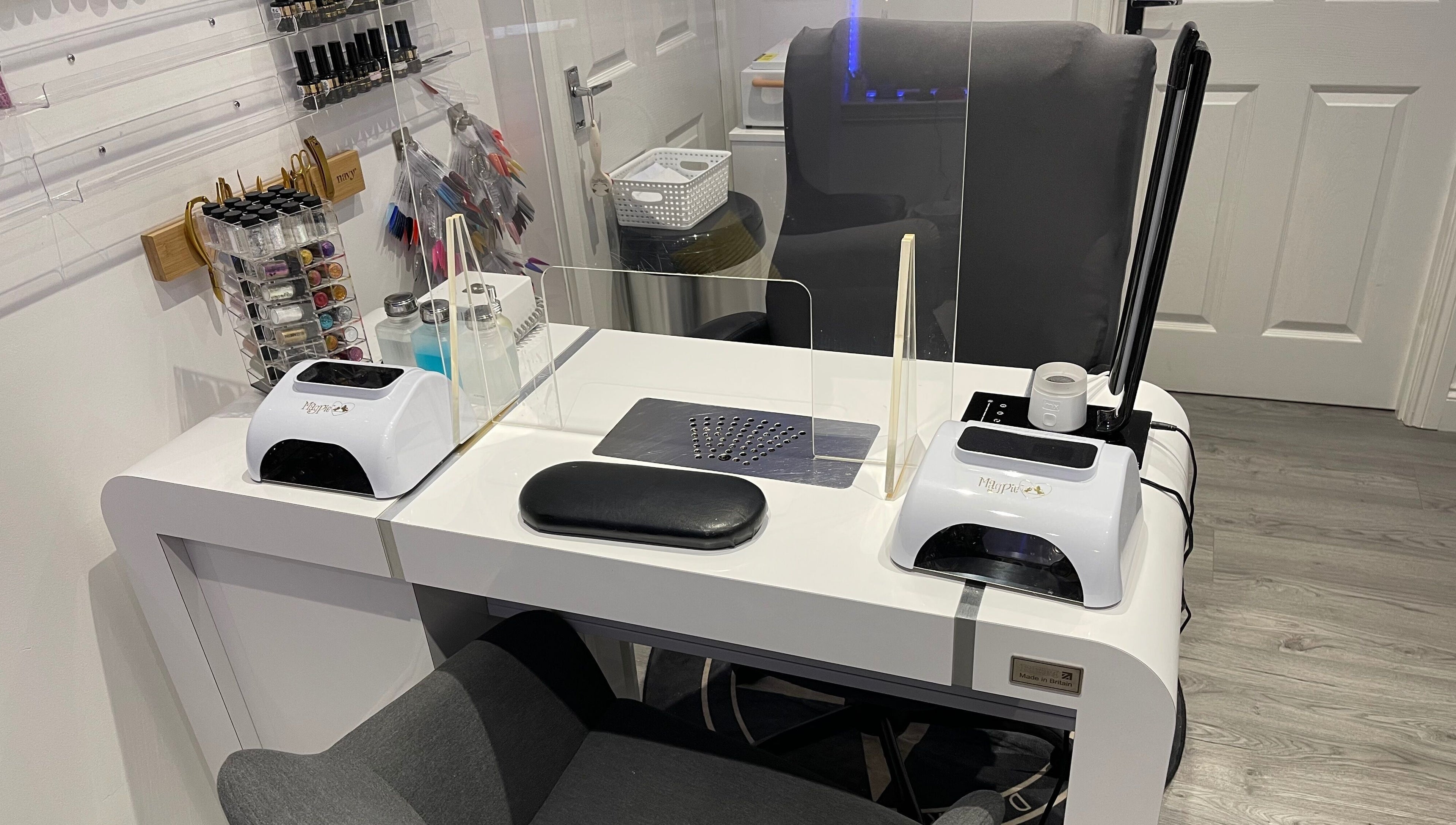 Modern nail station at A Touch of Heaven, Kilbirnie, Scotland, GB, offering premium manicure services.